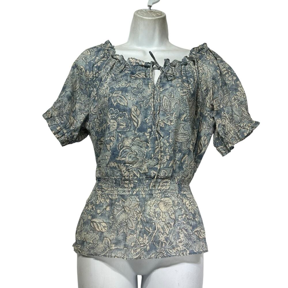 Chaps Denim Blue Floral Peasant Top Puff Sleeve Smocked Waist Boho Size L